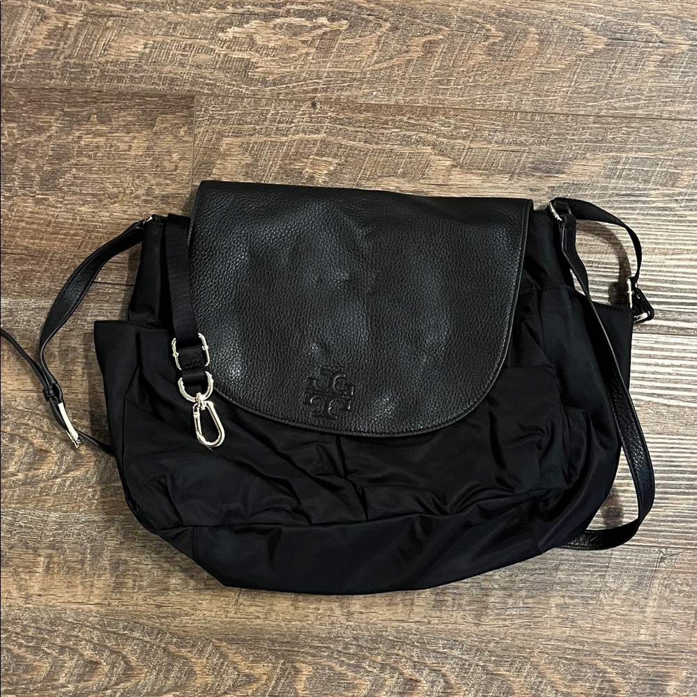Tory Burch Black Nylon and Leather Flap Crossbody diaper bag
